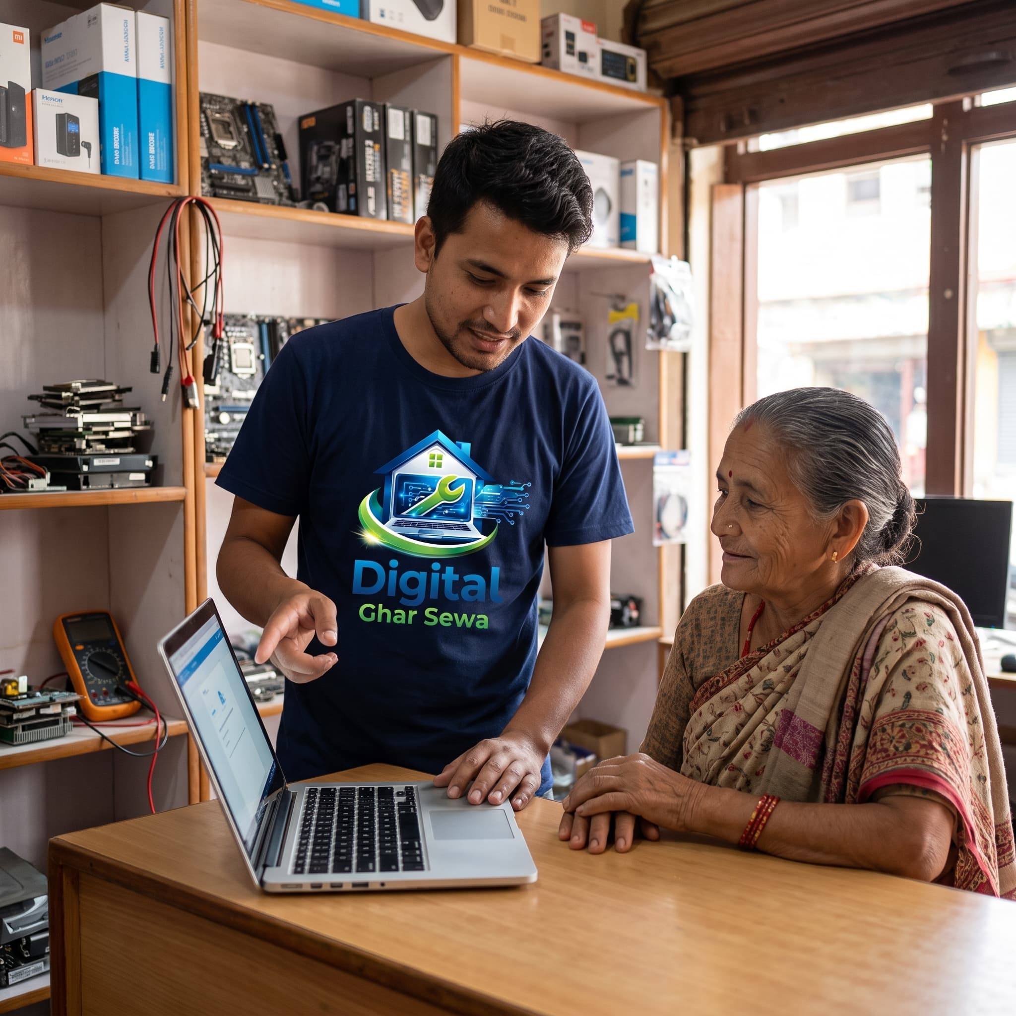 DigitalGharSewa technician helping a customer with a laptop