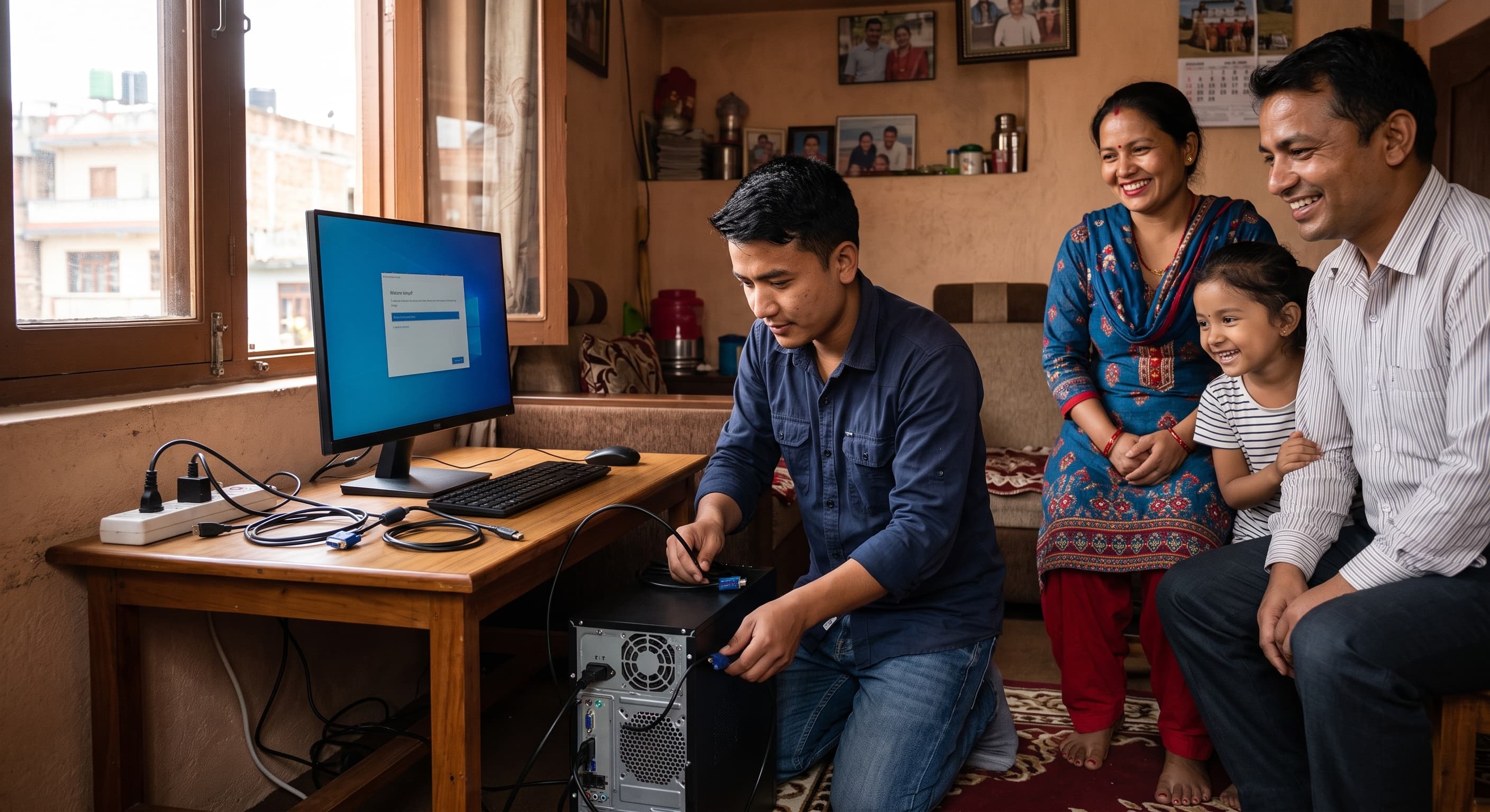 DigitalGharSewa technician servicing a home computer while the family watches